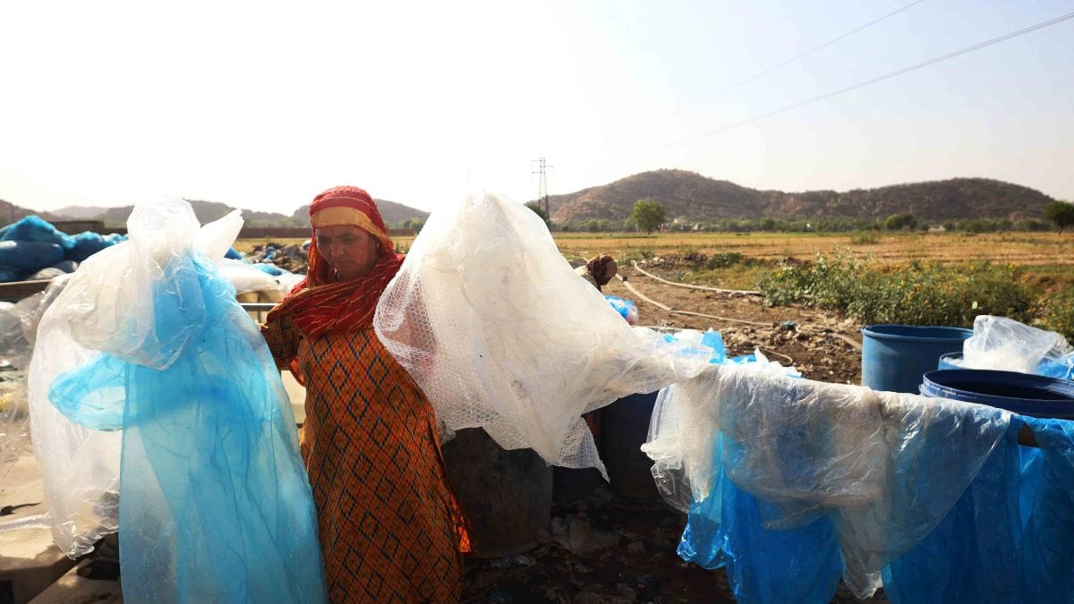 In one of the farms owned by Ramjan and his son Imran, women clean large plastic bags used to store bio-medical waste. Locals allege these bags are burnt in the open as part of scrap waste