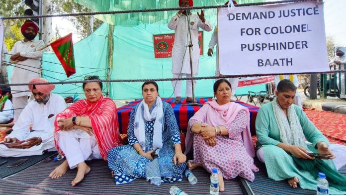File photo: Jaswinder Kaur Bath, wife of Colonel Pushpinder Singh Bath staging a protest in Patiala on 30 March, 2025 | ANI