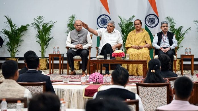 Vice President and Rajya Sabha Chairman Jagdeep Dhankhar with his wife Sudesh Dhankhar and others presides over the Valedictory Function of the 6th Rajya Sabha Internship Program, at Vice-President's Enclave in New Delhi on Thursday | ANI/Jitender Gupta