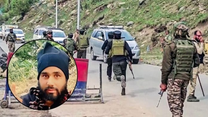 Security personnel at the spot of the terrorist attack in Pahalgam (ANI) & Aasif Sheikh, one of the two locals among the four terrorists who carried out the attack (inset, special arrangement)