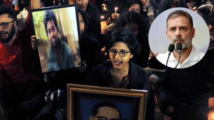 File photo of a candle march held in remembrance of Rohith Vemula in Mumbai & (inset) Rahul Gandhi | ANI