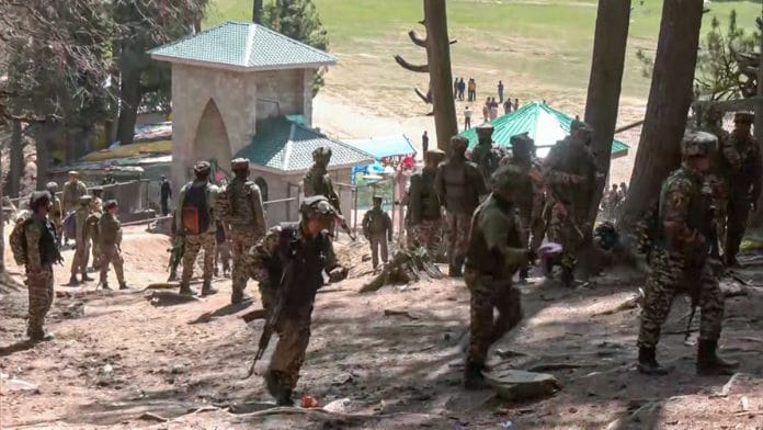 Army personnel at Baisaran meadow in Pahalgam Wednesday, a day after the terrorist attack which left at least 26 dead and many injured | ANI
