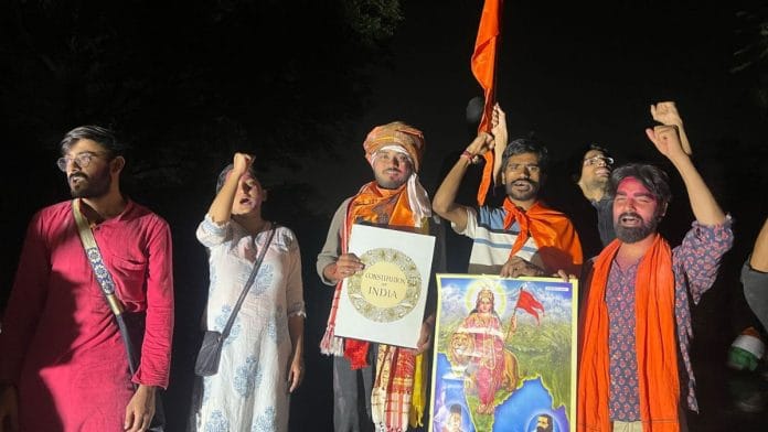 ABVP's Vaibhav Meena celebrating his election to the position of joint secretary in JNUSU polls with other members of the organisation | ABVP