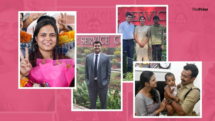 (Left to right) Shakti Dubey, Smit Panchal, Harshita Goyal with her family members and Malavika G. Nair with her child and husband | Image by Shruti Naithani/ThePrint | Photos: ANI and special arrangement