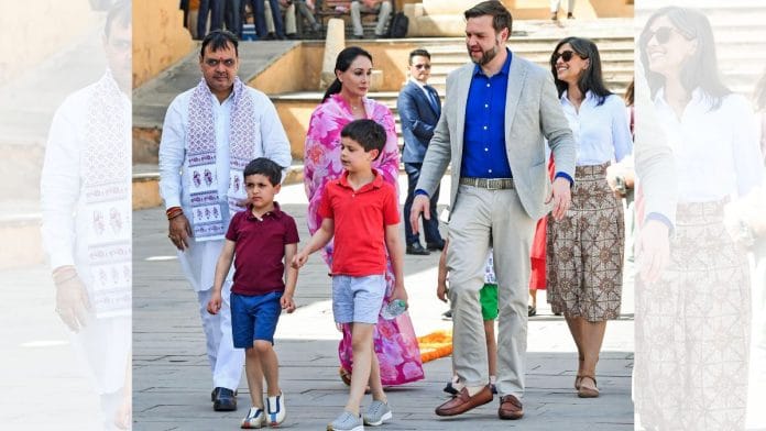 Rajasthan Chief Minister Bhajanlal Sharma and Deputy Chief Minister Diya Kumari welcome US Vice-President J.D. Vance, Second Lady Usha Vance, and their children at Amber Fort in Jaipur Tuesday. | ANI