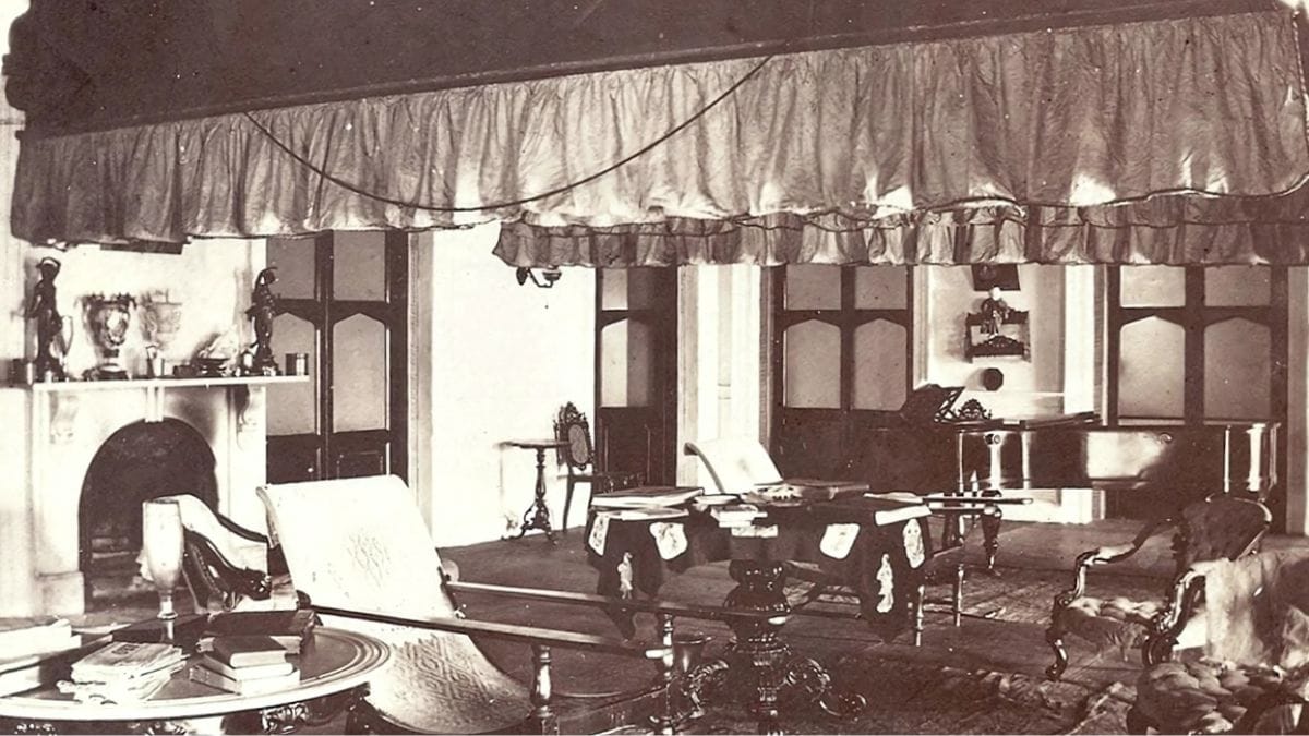 Interior of a residence with an elaborate punkah hanging from the ceiling; Chandannagar, West Bengal, India; c. 1870; Wikimedia