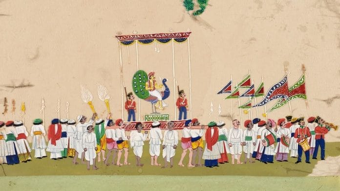 Hindu religious procession featuring fly whisks; Murshidabad, India; c. 1800–1825; Opaque watercolour on mica; 16.83 x 23.5 cm; Los Angeles County Museum of Art, California