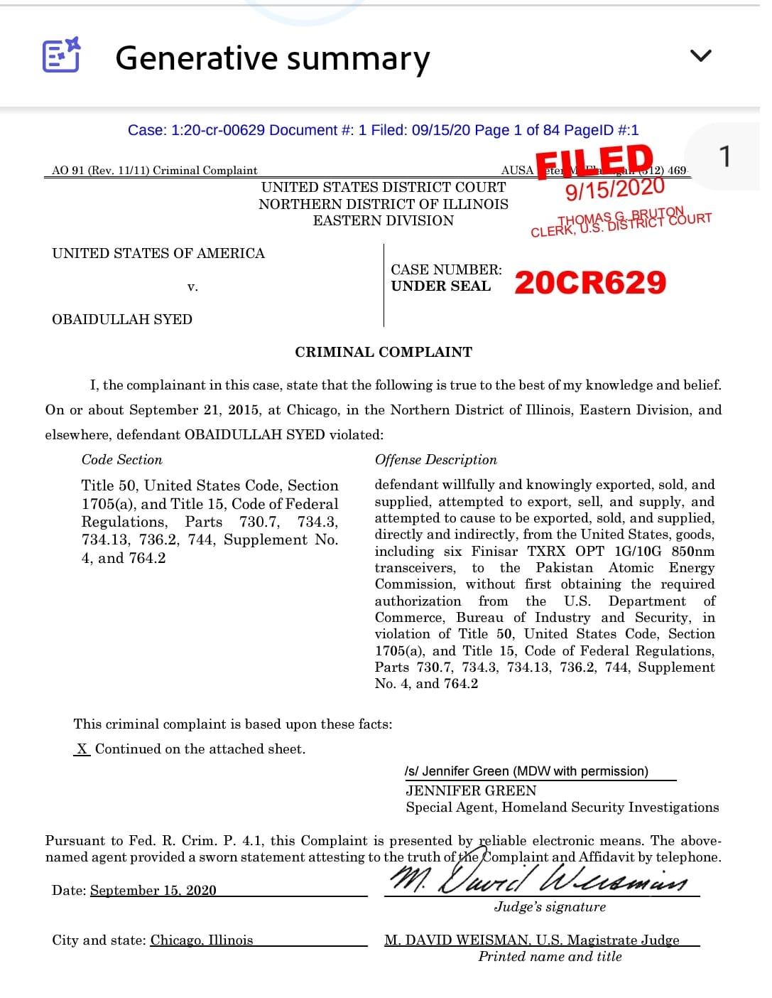 Screenshot of US Homeland Security Investigations complaint