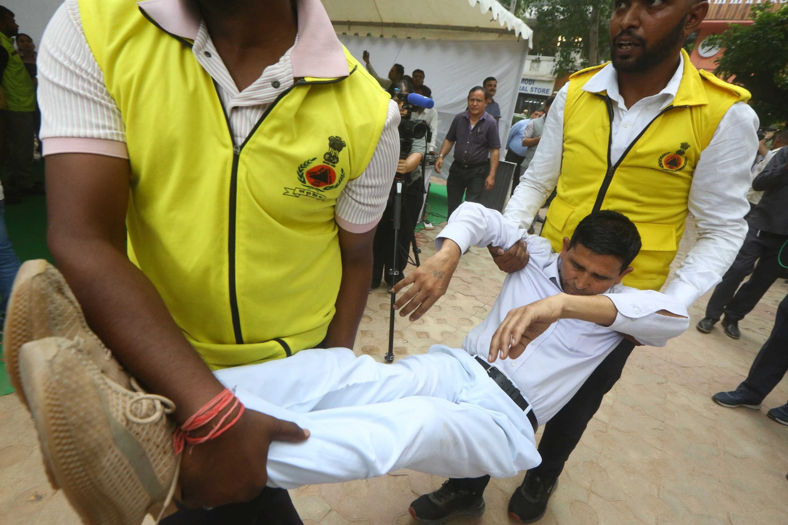 Simulating a search and rescue operation during mock drills in Khan Market. | Praveen Jain | ThePrint