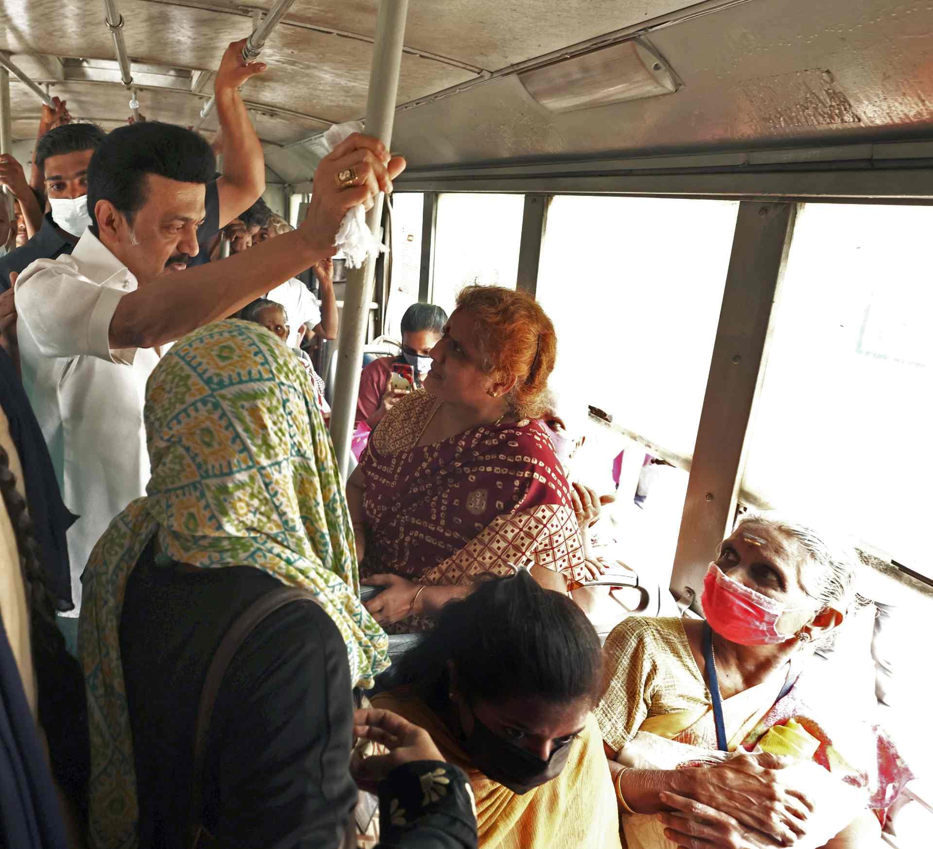 Tamil Nadu CM M.K Stalin interacts with passengers during his ride in a local bus in Chennai | Photo: ANI