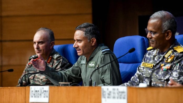 (L-R) DGMO Lt Gen Rajiv Ghai, Air Marshal AK Bharti & Vice Admiral AN Pramod during press briefing in New Delhi, Monday | ANI/Rahul Singh