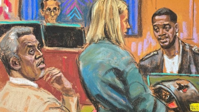 Prosecutor Emily Johnson questions rapper Kid Cudi as he testifies at Sean Combs' sex trafficking trial in New York City on 22 May 2025 in this courtroom sketch. | File Photo | Jane Rosenberg | Reuters