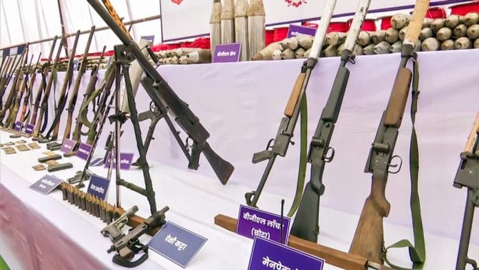 Arms and ammunition recovered by security forces in the anti-Naxal operation around the Karregutta hills on the Chhattisgarh-Telangana border between 21st April and 11th May | Photo: ANI