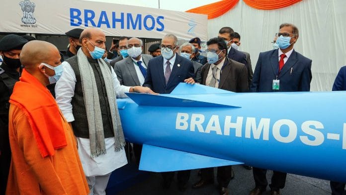 Union Defence Minister Rajnath Singh with Uttar Pradesh Chief Minister Yogi Adityanath and other dignitaries at the foundation stone-laying ceremony of a BrahMos missile production unit part of the UP defence corridor in Lucknow in December 2021 | Photo: ANI