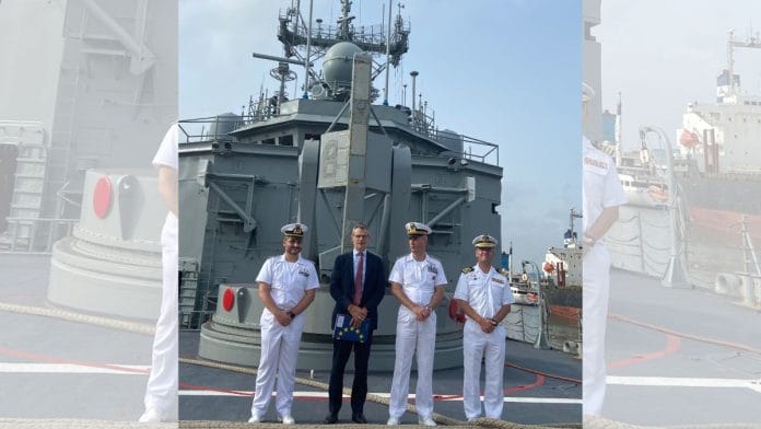 EU ambassador Hervé Delphin onboard an EU naval force ship in Mumbai. | @EUAmbIndia/ X