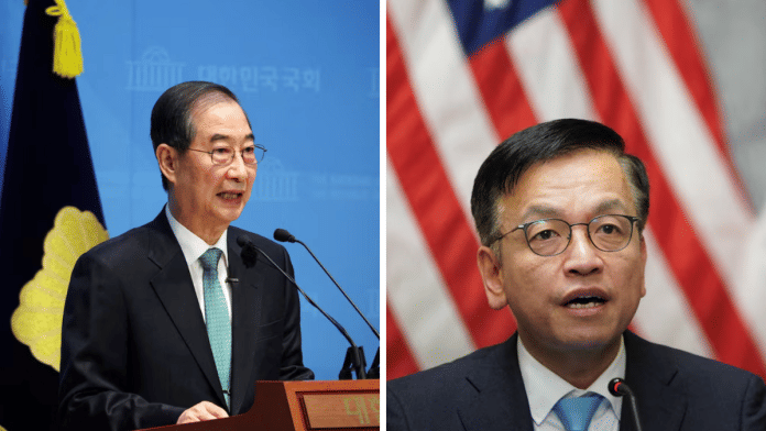 Former PM Han Duck-soo and former Finance Minister Choi Sang-mok of South Korea. | Kim Hong-Ji and Kevin Lamarque | Reuters