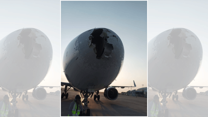 IndiGo flight 6E 2142 from Delhi to Srinagar suffered damage from severe hailstorm Wednesday | X/@Vikspeaks1