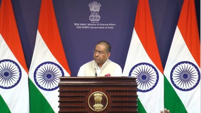 MEA spokesperson Randhir Jaiswal at a press briefing. | X