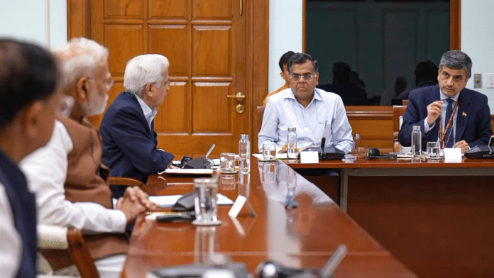 In this screengrab from a video released by PMO on May 8, 2025, Prime Minister Narendra Modi during a meeting with secretaries of ministries to review preparedness in light of recent national security-related developments, in New Delhi | PTI