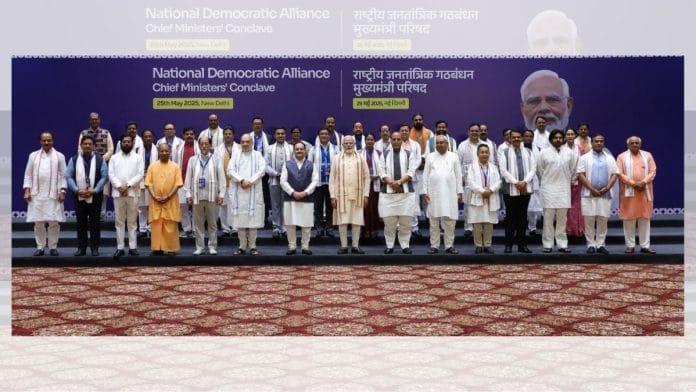 PM Modi with CMs, dy CMs of all NDA-ruled states at conclave held in New Delhi on 25 May, 2025 | X @NarendraModi