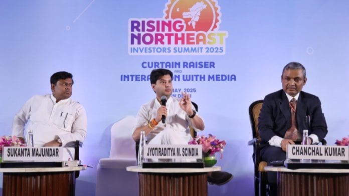 Union Minister for Development of North Eastern Region Jyotiraditya Scindia (centre) during the curtain-raiser ceremony of Rising Northeast Investor Summit 2025 with Union MoS for Development of North Eastern Region Sukanta Majumdar (left) and Chanchal Kumar (right), IAS, Secretary of the Ministry of DoNER | Photo: X, @JM_Scindia