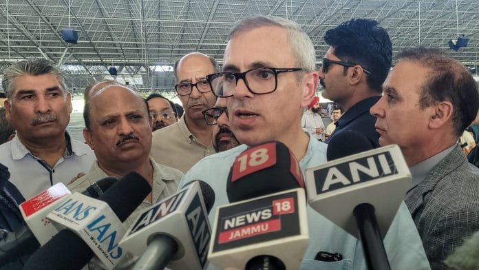 Jammu and Kashmir Chief Minister Omar Abdullah speaks to the media during his visit to the shelter camps, in Samba on Friday. (ANI Photo)