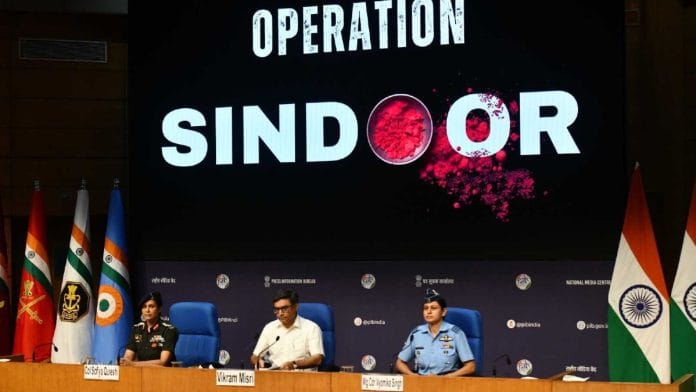 Foreign Secy Vikram Misri with Wing Commander Vyomika Singh and Colonel Sofiya Qureshi briefing media on Op Sindoor, in New Delhi, Wednesday | Praveen Jain | ThePrint