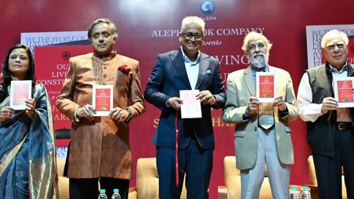Congress MP Shashi Tharoor with journalist Rajdeep Sardesai, former Supreme Court Justice Madan Lokur, Trinamool Congress (TMC) MP Mahua Moitra and Rajya Sabha MP Kapil Sibal at the launch of Tharoor’s book 'Our Living Constitution' at Teen Murti Bhavan in New Delhi on Saturday. | ANI