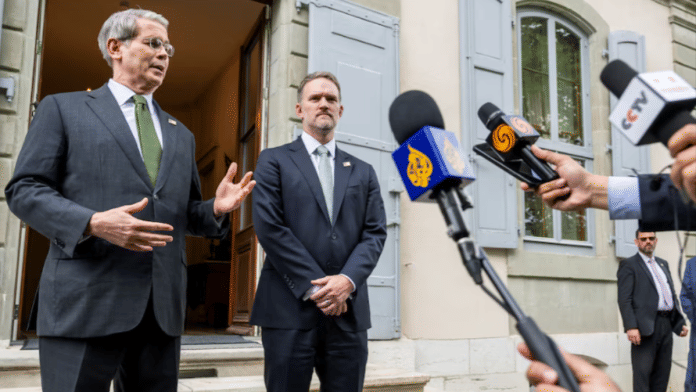 U.S. Secretary of the Treasury Scott Bessent and U.S. Trade Representative Jamieson Greer address the media after trade talks with China in Geneva, Switzerland, on 11 May 2025. | Keystone | EDA | Martial Trezzini | Handout via Reuters