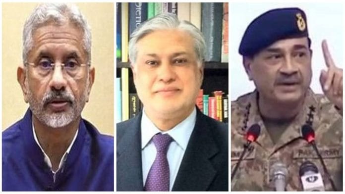 (L to R) External Affairs Minister S. Jaishankar, Pakistan’s Foreign Minister Ishaq Dar and Army Chief General Asim Munir | ANI & screengrab