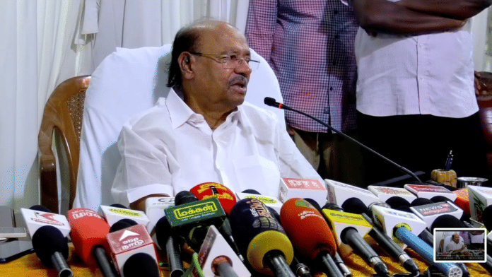 Ramadoss speaking to reporters at his residence in Thailapuram of Viluppuram | Special arrangement