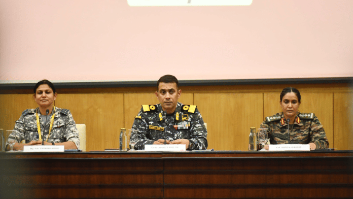 Wing Commander Vyomika Singh, Navy Commodore Raghunath Nair and Colonel Sofiya Qureshi at a special briefing in New Delhi Saturday. | ThePrint Photos