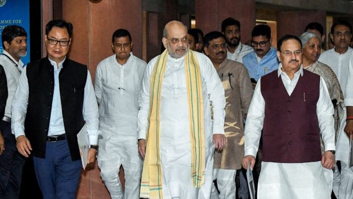 Union ministers Amit Shah, JP Nadda, Kiren Rijiju and others leave after attending all-party meeting on Operation Sindoor at Parliament Annexe in New Delhi Thursday. | Rahul Singh | ANI