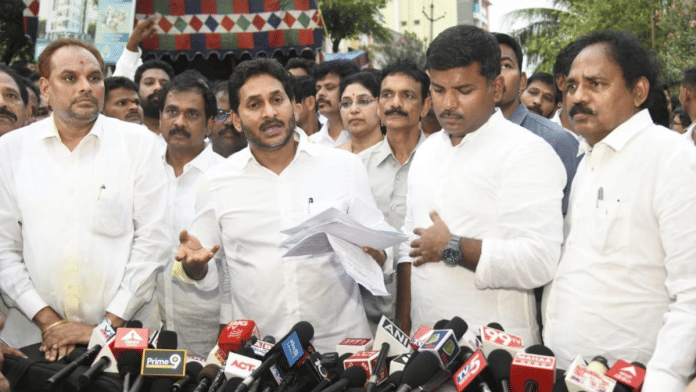 YSRCP chief Jagan Mohan Reddy (with paper in hand) speaks to the media following loss of lives in the Simhachalam temple wall collapse | X/@YSRCParty