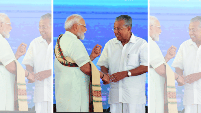 Prime Minister Narendra Modi and Kerala Chief Minister Pinarayi Vijayan during the inauguration of the Vizhinjam International Seaport, in Thiruvananthapuram, Friday | PTI