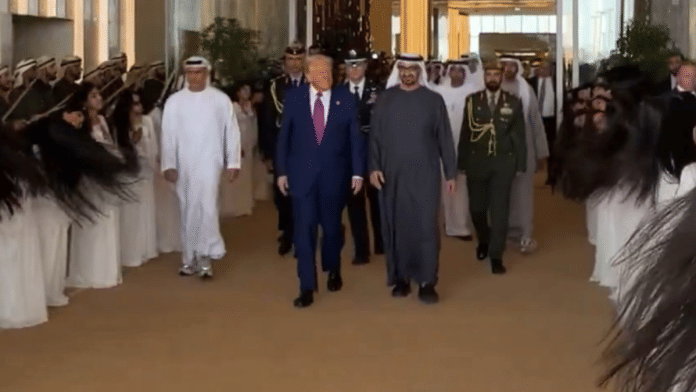 Screengrab from a video showing US President Donald Trump being welcomed at Abu Dhabi’s Presidential Palace with a traditional Emirati performance art—Al-Ayyala | X