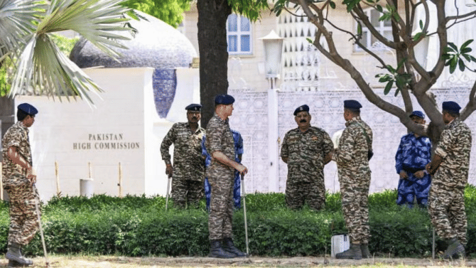 Security personnel stand guard outside the Pakistan High Commission in New Delhi Wednesday | ANI