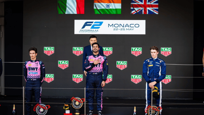 India's Kush Maini at the podium after winning the Formula 2 Sprint Race at the iconic Monaco Grand Prix | X/@kmainiofficial