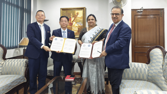 JNU vice-chancellor Prof Santishree Dhulipudi Pandit (third from right) at the signing event on Monday | X/@JNU_official_50