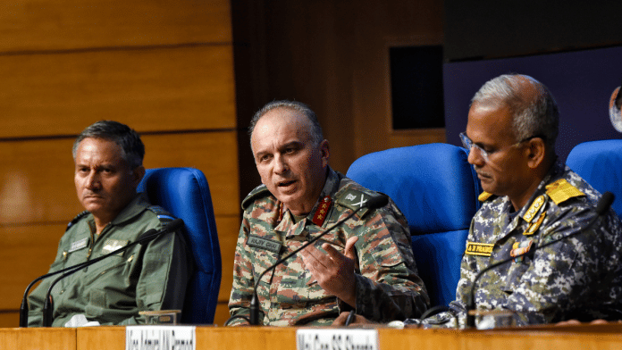 Air Marshal AK Bharti, DGMO Lieutenant General Rajiv Ghai, and Vice Admiral AN Pramod during the press conference on Operation Sindoor, in New Delhi on Sunday | ANI