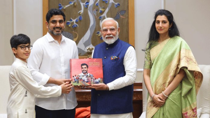 Lokesh, his wife Brahmani and son Devansh during their meeting with PM Modi in Delhi 17 May.| X: @naralokesh