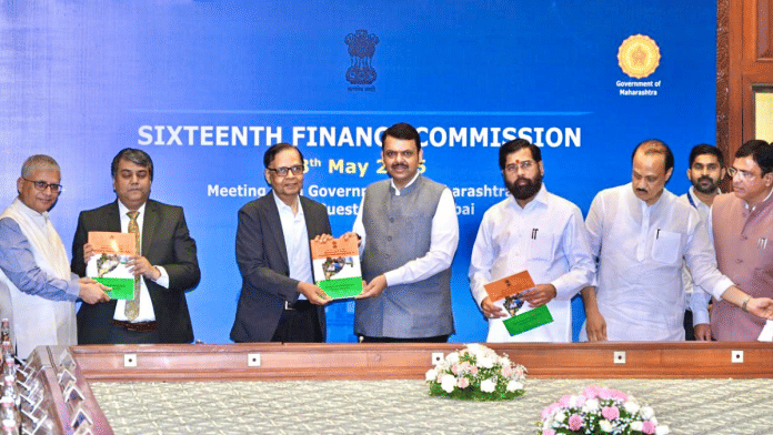 CM Devendra Fadnavis, his deputies Eknath Shinde & Ajit Pawar welcome 16th Finance Commission led by Chairman Arvind Panagariya in Mumbai. | X @CMOMaharashtra