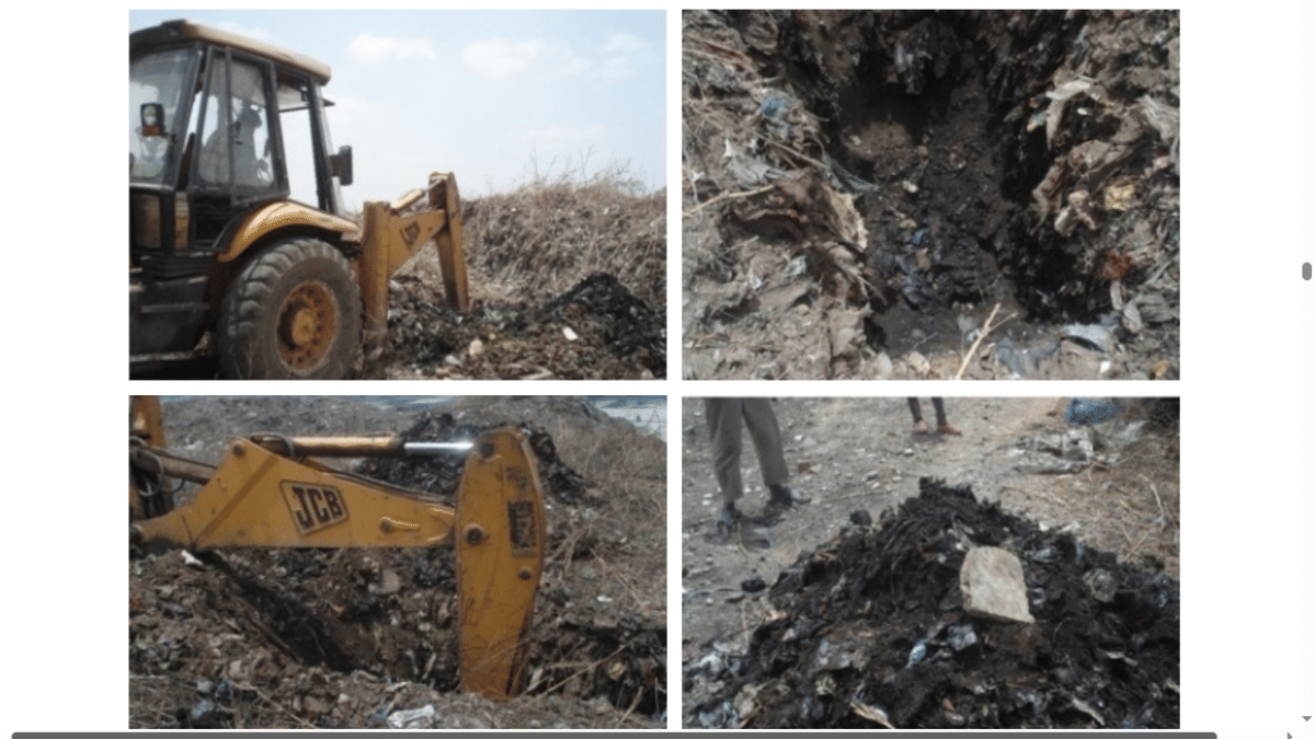 Typical sampling of legacy waste. Left (top & bottom): front-hoe loaders used for sample collection from dumpsite. Right (top and bottom): Legacy waste sample pit. | Source: CSE/ SBM toolkit for legacy waste management