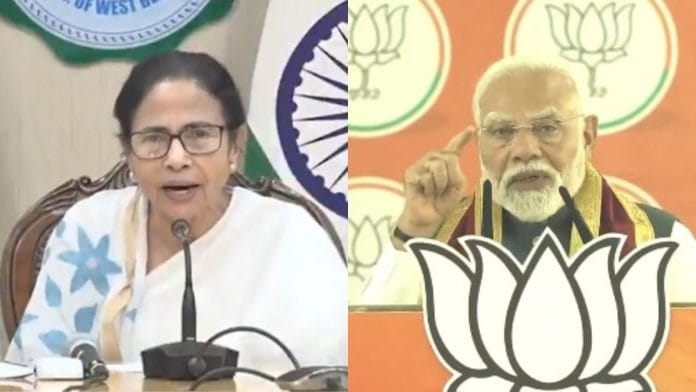 West Bengal Chief Minister Mamata Banerjee at Thursday's press conference, Prime Minister Narendra Modi at Alipurduar rally | X