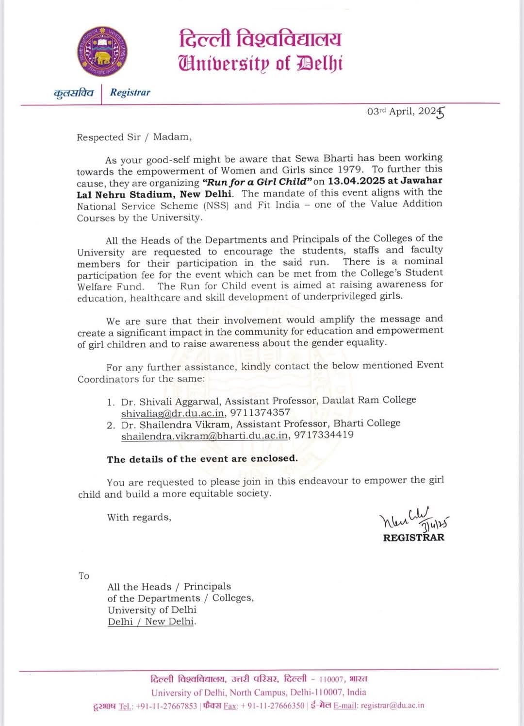 The circular issued by DU registrar in April urging department heads and principals to encourage participation in 'Run for a Girl Child', an event organised by Rashtriya Sewa Bharati, the social wing of the RSS, which drew sharp criticism from many faculty members | By special arrangement