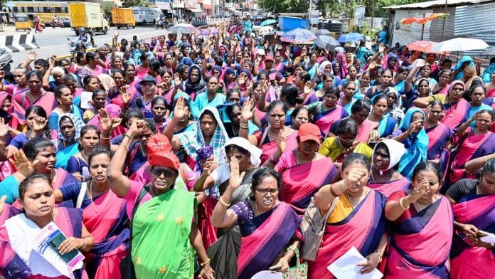 Anganwadi Workers and Helpers Association members stage a sit-in protest, demanding summer vacation in the month of May, in front of the Integrated Child Development Services Project Director's office in Taramani in Chennai, on Friday | Representative Image, ANI