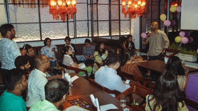 Anantharaman SV, a PhD scholar from Ashoka University, speaking about pulsar stars at Fort City Brewing, Hauz Khas