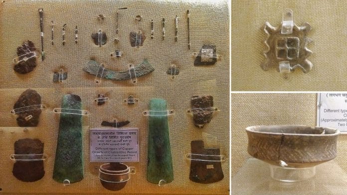 Copper objects, a seal, and pottery from India's Chalcolithic period | Ahar Archaeological Museum, Udaipur | Wikimedia Commons