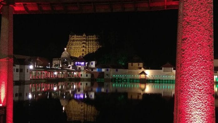 Padmanabhswamy Temple at night, with Padmatheertha Pond in the foreground