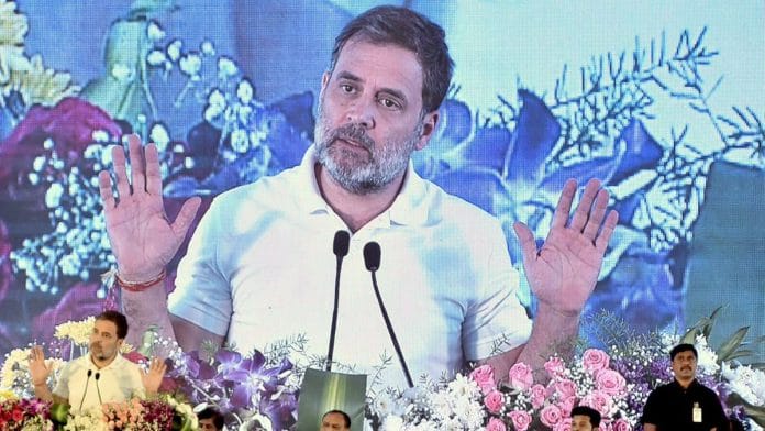 Lok Sabha LoP and Congress MP Rahul Gandhi addresses a gathering during state-level consultations on caste census at Gandhian Ideology Centre, in Secunderabad, 5 November 2024 | Photo: ANI